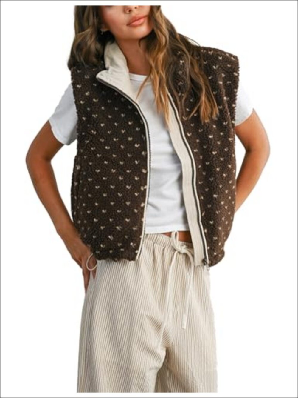 Faux Sherpa Fleece Vest Sleeveless Polka Dot Pockets Winter